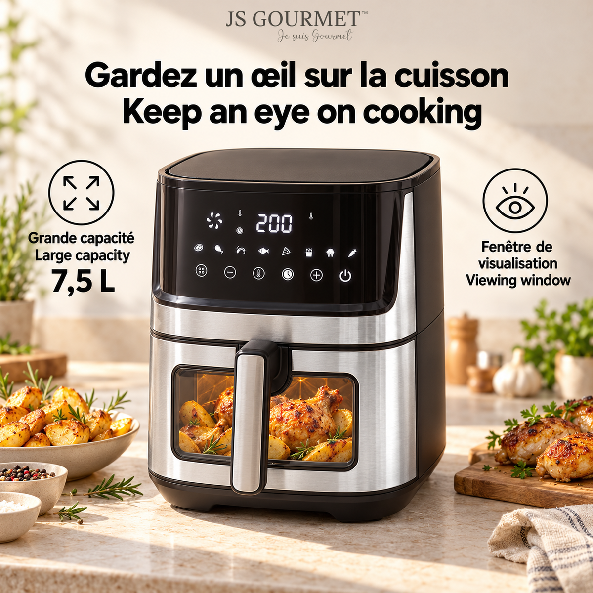 JS Gourmet Friteuse à air numérique programmable tactile de 7,5 L - Simple Boutique