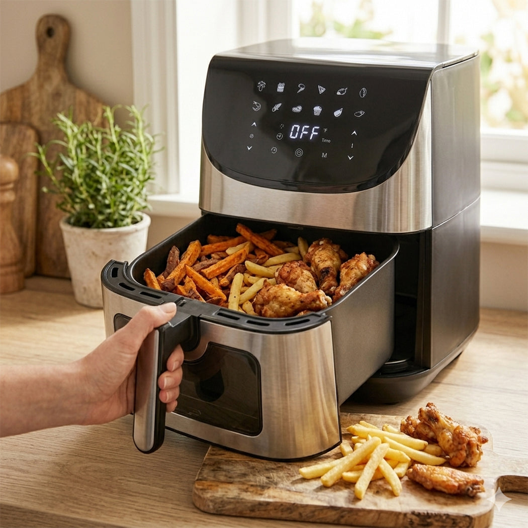 JS Gourmet Friteuse à air tactile numérique 8 L - Noir et acier inoxydable - Simple Boutique