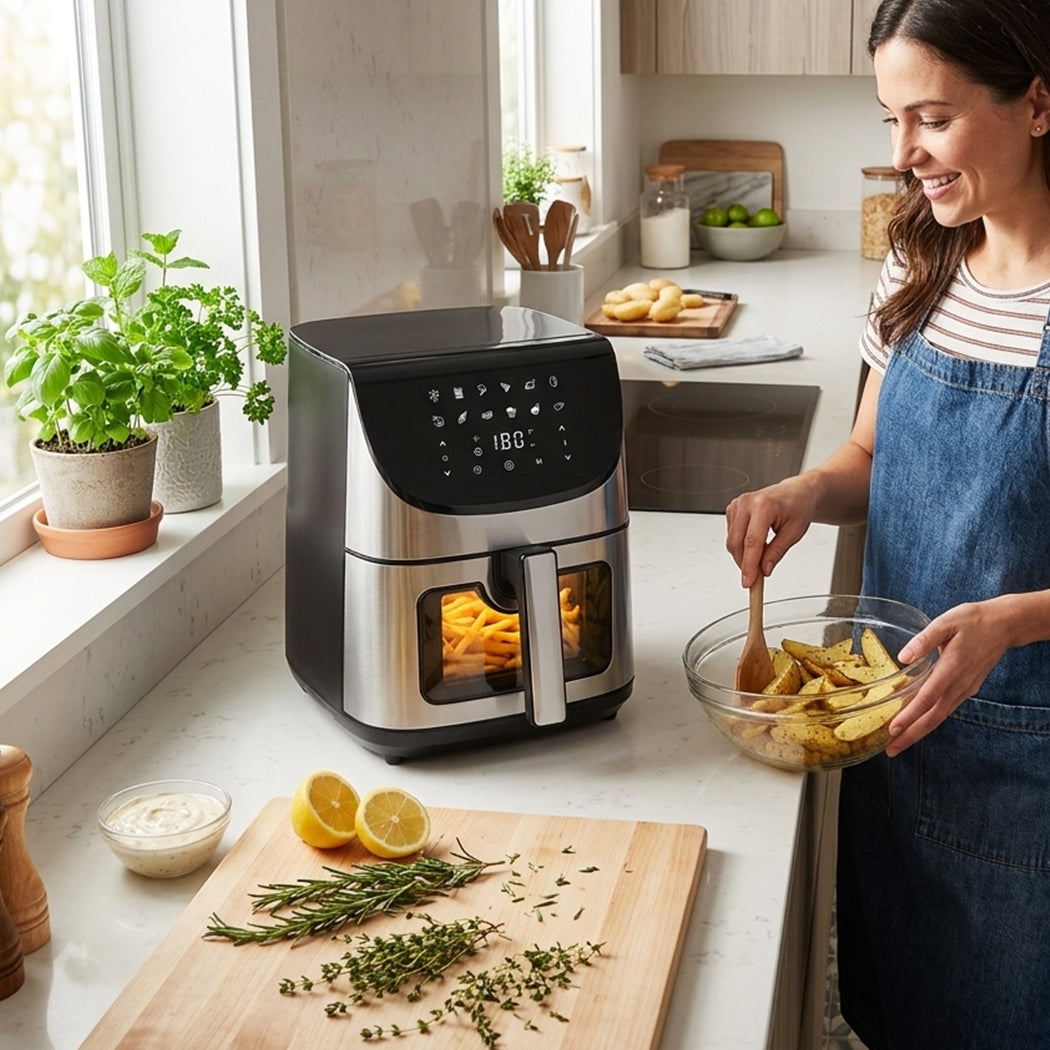 JS Gourmet Friteuse à air tactile numérique 8 L - Noir et acier inoxydable - Simple Boutique