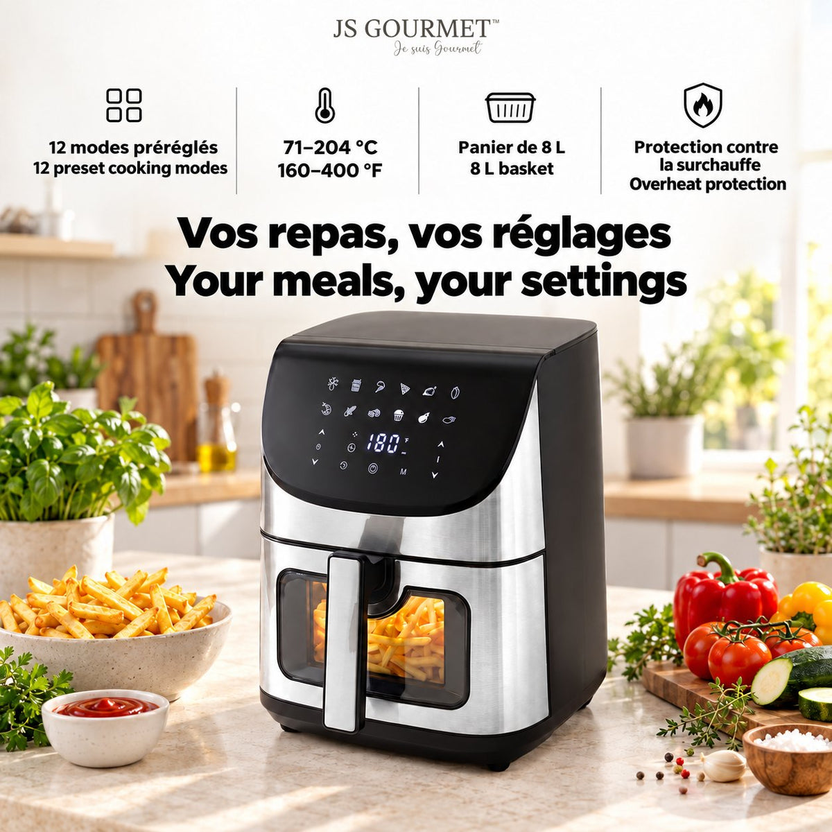JS Gourmet Friteuse à air tactile numérique 8 L - Noir et acier inoxydable - Simple Boutique