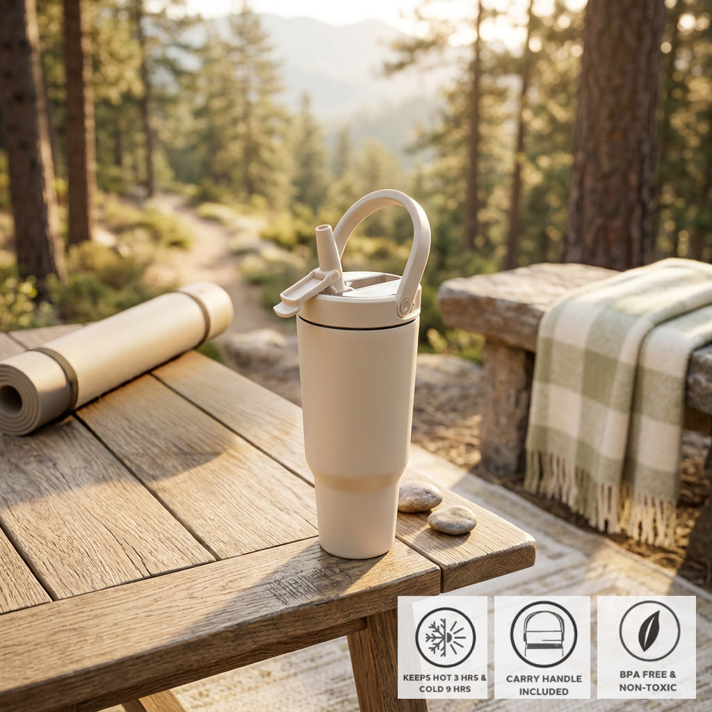 JS Gourmet Gobelet à double paroi en acier inoxydable avec paille rabattable, 946 ml - Blanc crème - Simple Boutique