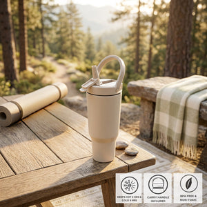JS Gourmet Gobelet à double paroi en acier inoxydable avec paille rabattable, 946 ml - Blanc crème - Simple Boutique