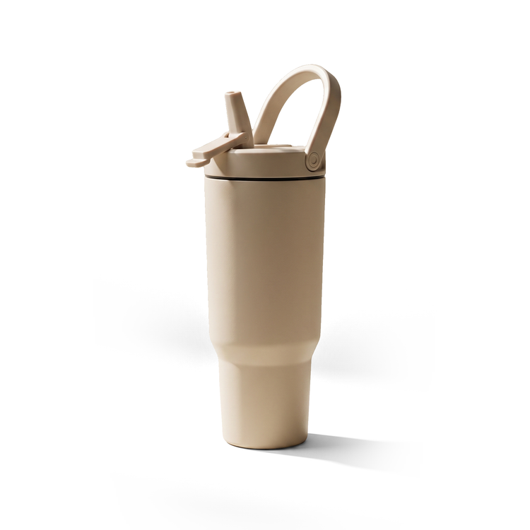 JS Gourmet Gobelet à double paroi en acier inoxydable avec paille rabattable, 946 ml - Blanc crème - Simple Boutique