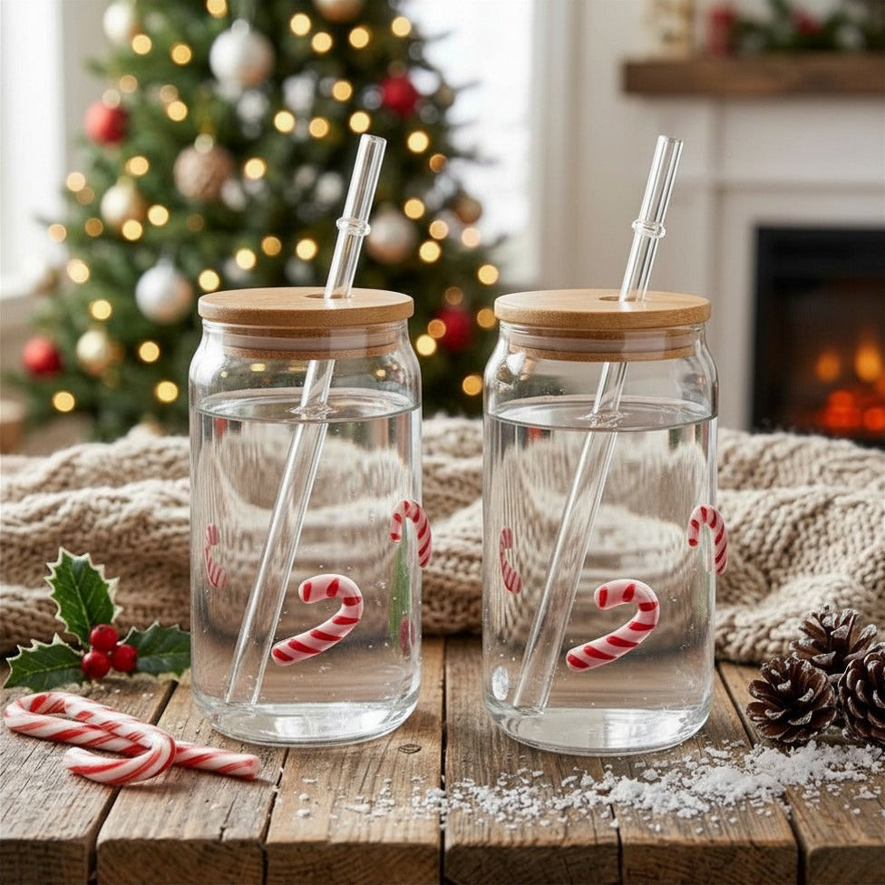 JS Gourmet Gobelet en Verre 3D Icon avec Couvercle en Bambou et Paille en Verre, Canne à Sucre (Lot de 2) - Simple Boutique