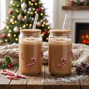 JS Gourmet Gobelet en Verre 3D Icon avec Couvercle en Bambou et Paille en Verre, Canne à Sucre (Lot de 2) - Simple Boutique