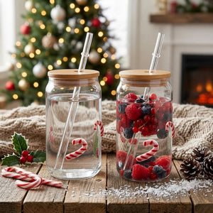 JS Gourmet Gobelet en Verre 3D Icon avec Couvercle en Bambou et Paille en Verre, Canne à Sucre (Lot de 2) - Simple Boutique