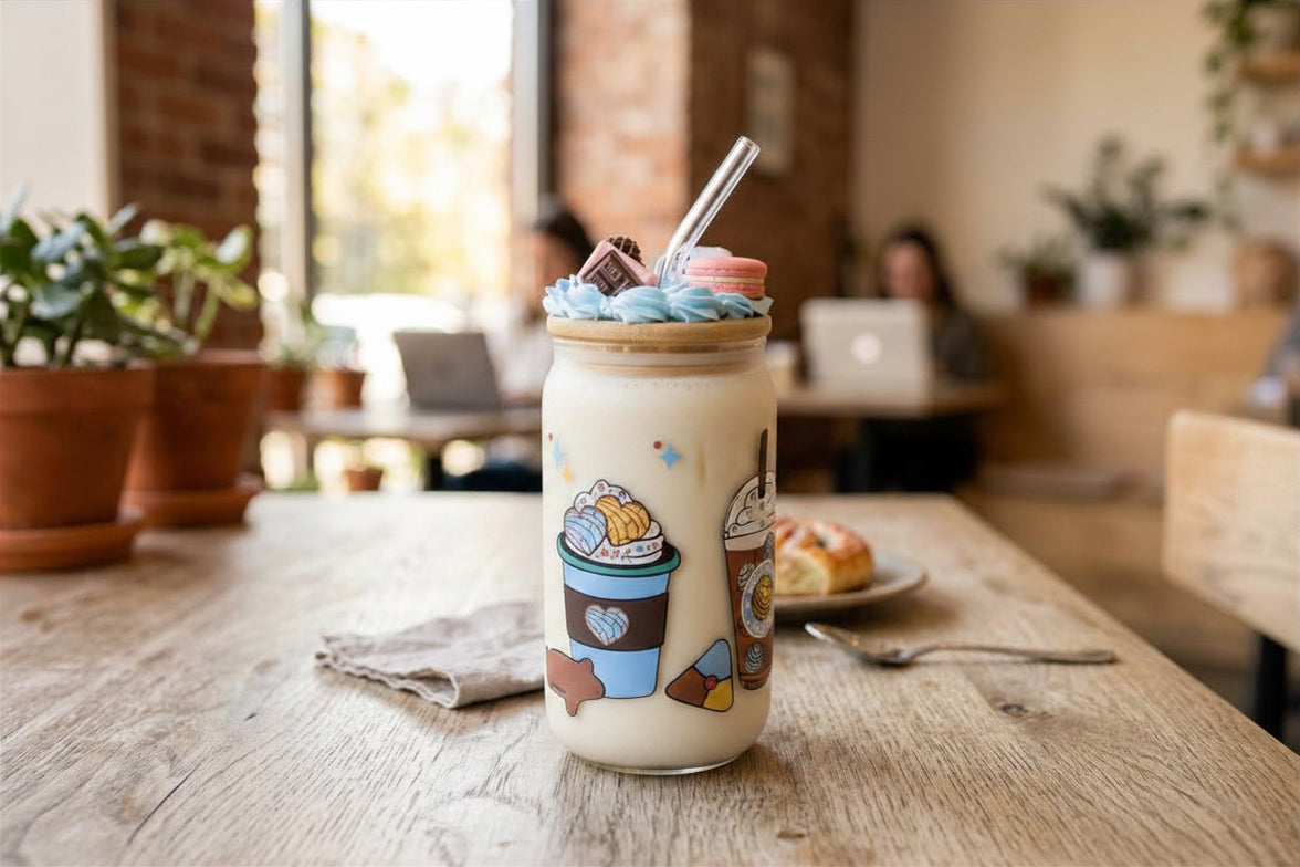 JS Gourmet Gobelet givré en verre borosilicaté avec décalques colorés bleus et couvercle en bambou - Simple Boutique