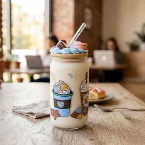 JS Gourmet Gobelet givré en verre borosilicaté avec décalques colorés bleus et couvercle en bambou - Simple Boutique