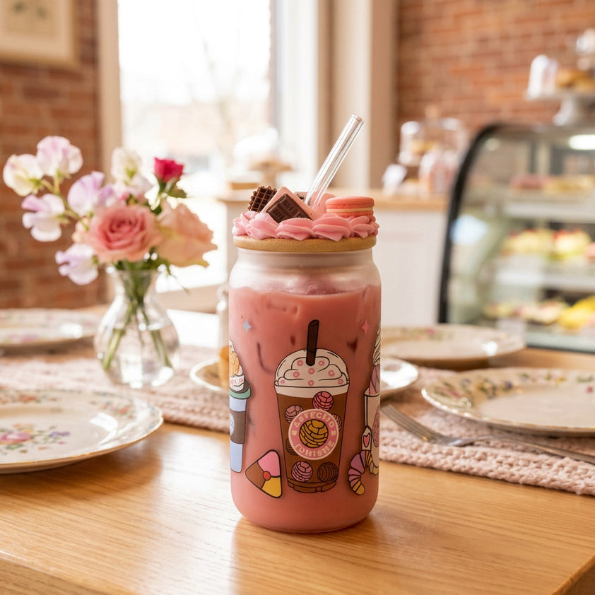 JS Gourmet Gobelet givré en verre borosilicaté avec décalques colorés roses et couvercle en bambou - Simple Boutique