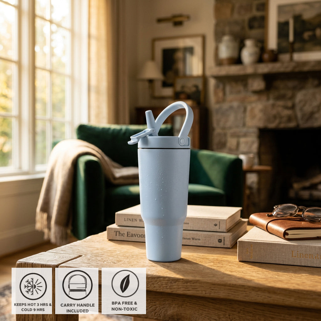 JS Gourmet Gobelet isotherme à paille rabattable en acier inoxydable à double paroi de 946 ml - Bleu glacier - Simple Boutique