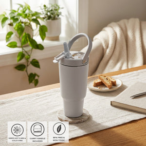 JS Gourmet Gobelet isotherme à paille rabattable en acier inoxydable à double paroi de 946 ml - Gris clair - Simple Boutique