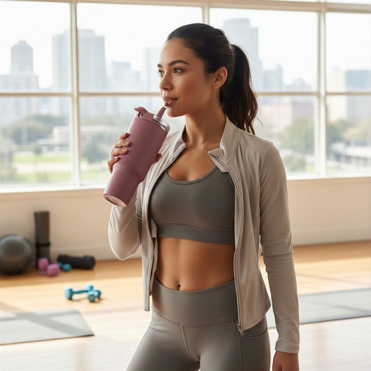 JS Gourmet Gobelet isotherme à paille rabattable en acier inoxydable à double paroi de 946 ml - Rose poudré - Simple Boutique