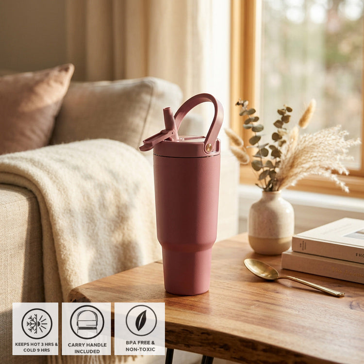 JS Gourmet Gobelet isotherme à paille rabattable en acier inoxydable à double paroi de 946 ml - Rose poudré - Simple Boutique