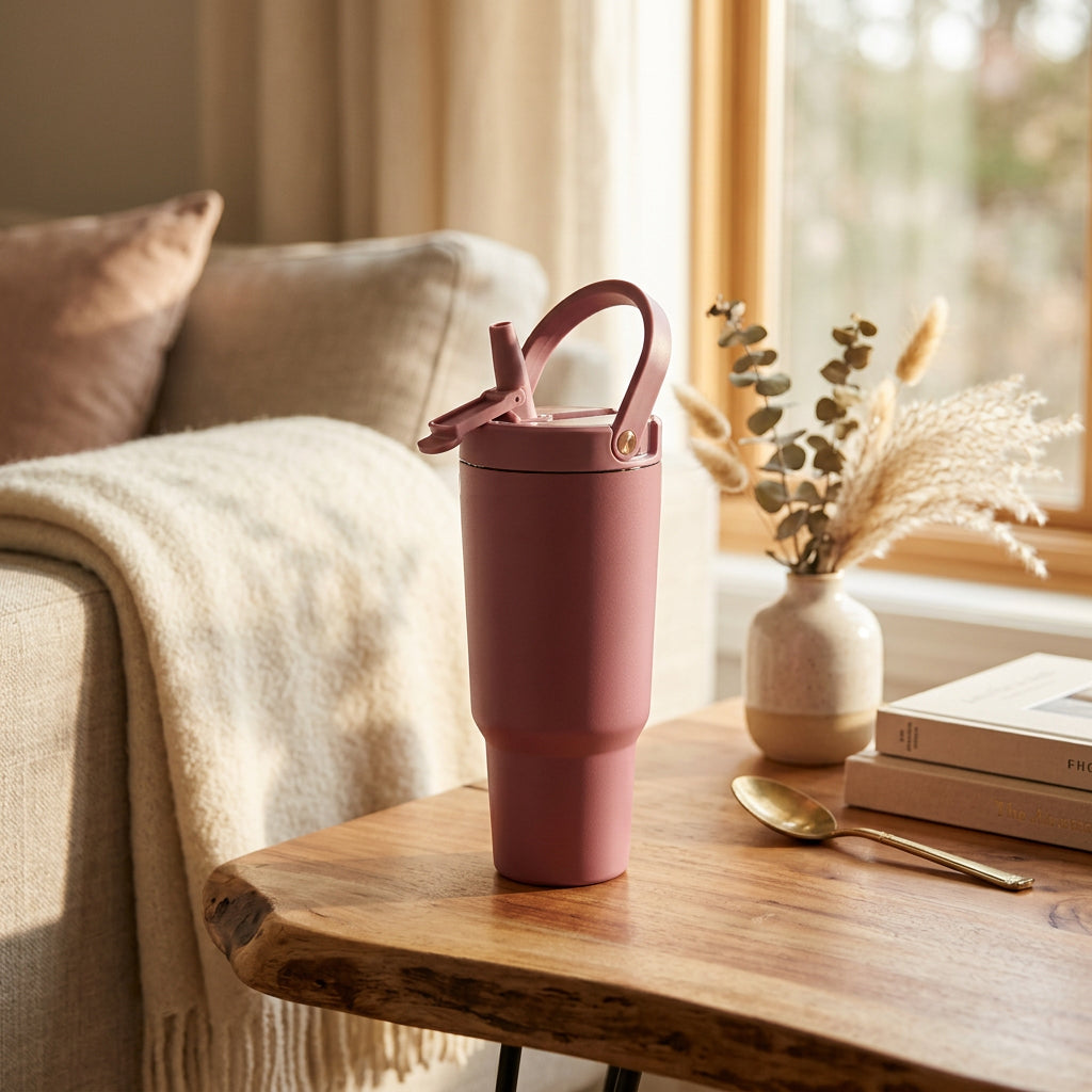 JS Gourmet Gobelet isotherme à paille rabattable en acier inoxydable à double paroi de 946 ml - Rose poudré - Simple Boutique