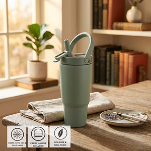 JS Gourmet Gobelet isotherme à paille rabattable en acier inoxydable à double paroi de 946 ml - Vert sauge - Simple Boutique