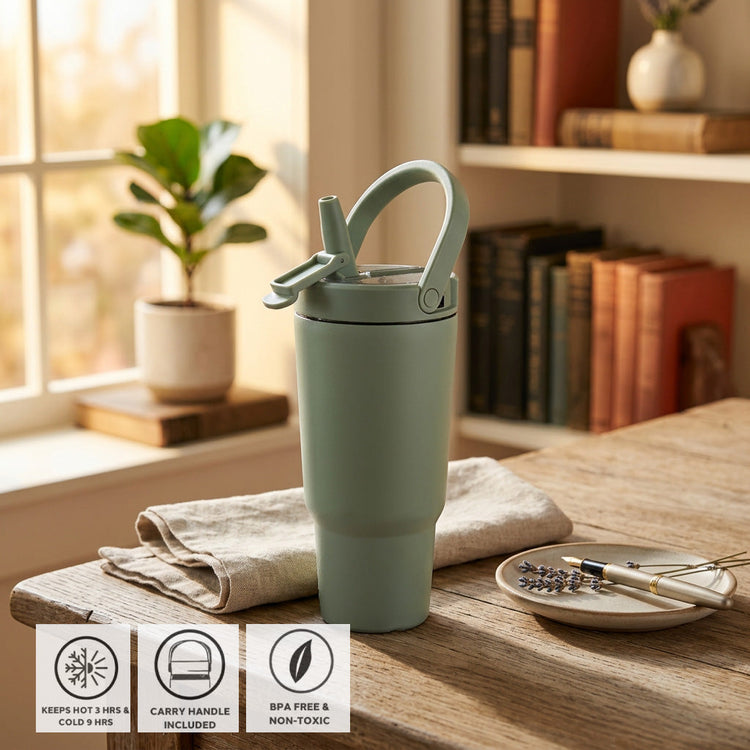 JS Gourmet Gobelet isotherme à paille rabattable en acier inoxydable à double paroi de 946 ml - Vert sauge - Simple Boutique