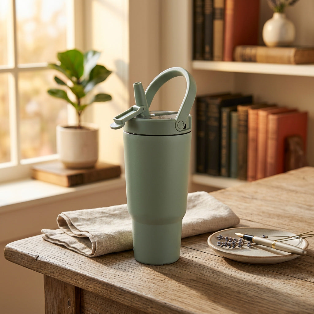 JS Gourmet Gobelet isotherme à paille rabattable en acier inoxydable à double paroi de 946 ml - Vert sauge - Simple Boutique