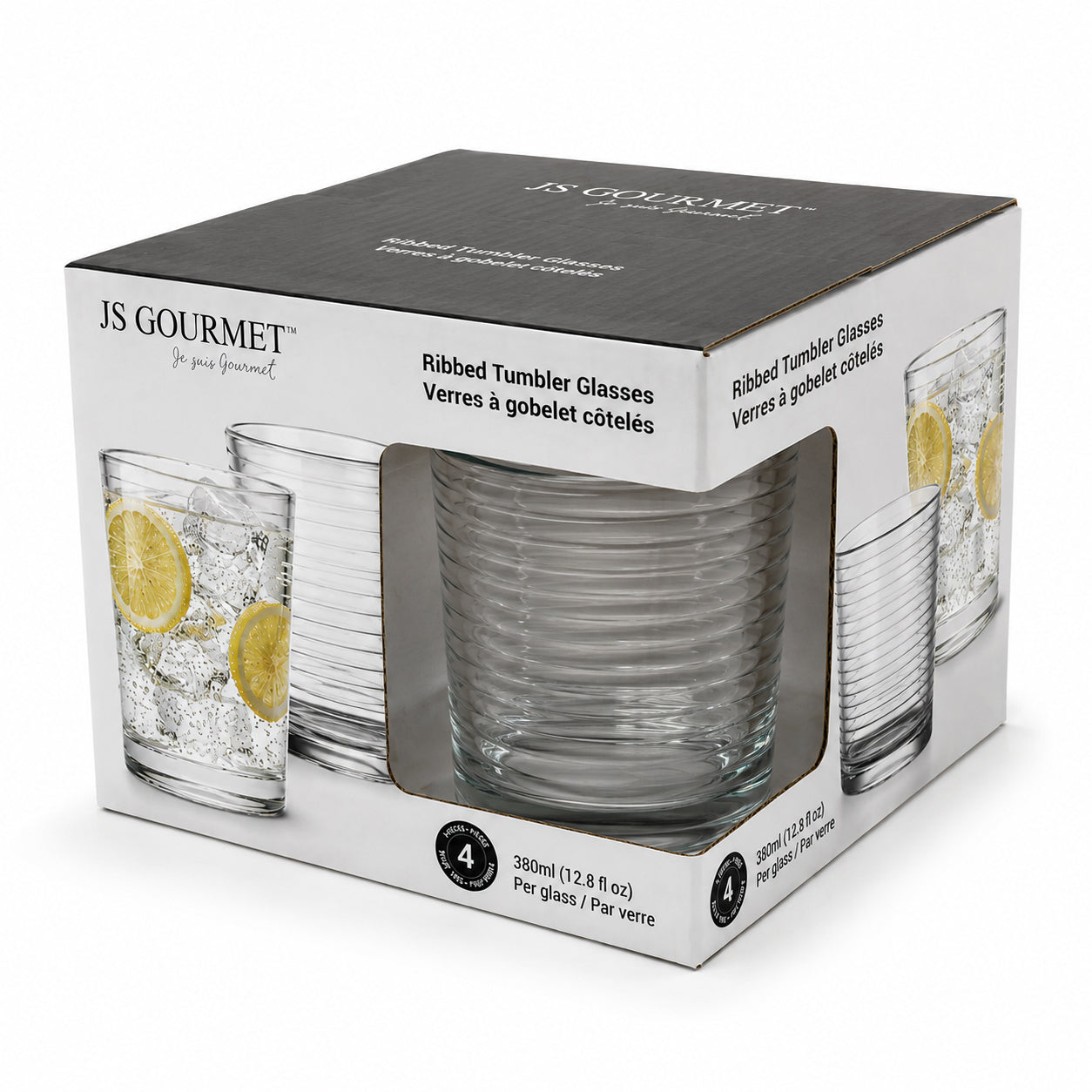 JS Gourmet Gobelets 380 ml - Lot de 4 design côtelé - emballage - Simple Boutique