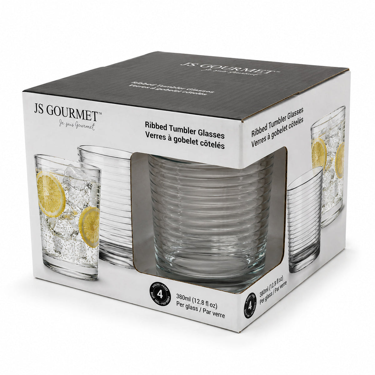 JS Gourmet Gobelets 380 ml - Lot de 4 design côtelé - emballage - Simple Boutique