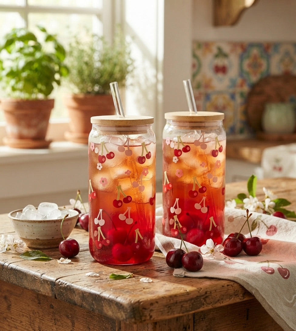 JS Gourmet Gobelets à siroter en verre à décalque Cerises avec paille en verre et couvercle en bambou - Lot de 2 - Simple Boutique