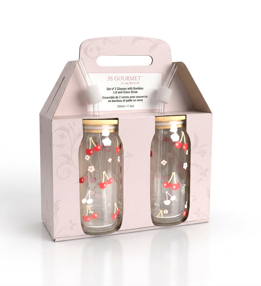 JS Gourmet Gobelets à siroter en verre à décalque Cerises avec paille en verre et couvercle en bambou - Lot de 2 - emballage - Simple Boutique