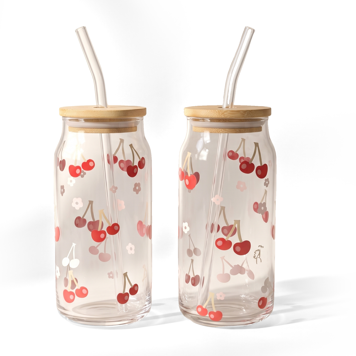 JS Gourmet Gobelets à siroter en verre à décalque Cerises avec paille en verre et couvercle en bambou - Lot de 2 - Simple Boutique