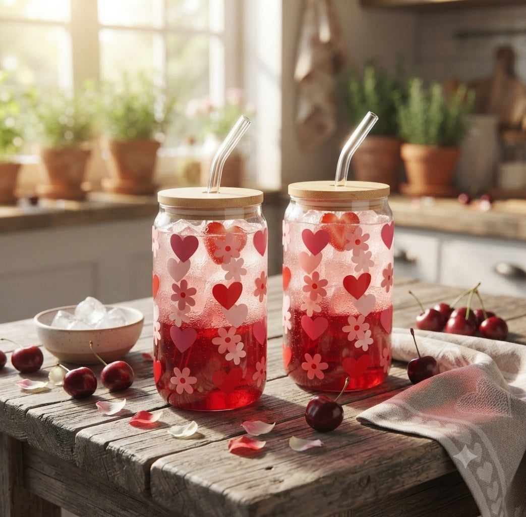 JS Gourmet Gobelets à siroter en verre avec décalcomanies cœurs et marguerites avec paille en verre et couvercle en bambou - Lot de 2 - Simple Boutique