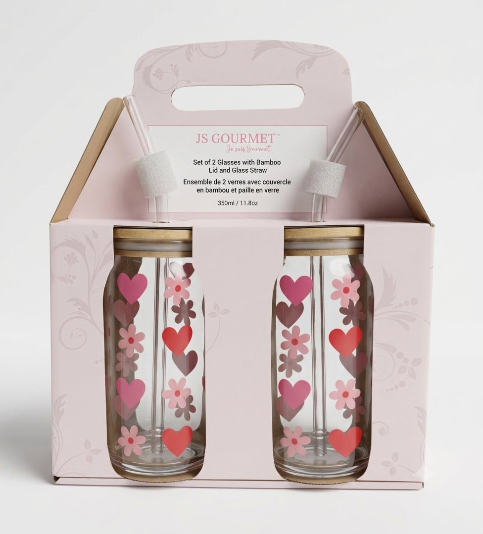 JS Gourmet Gobelets à siroter en verre avec décalcomanies cœurs et marguerites avec paille en verre et couvercle en bambou - Lot de 2 - emballage - Simple Boutique