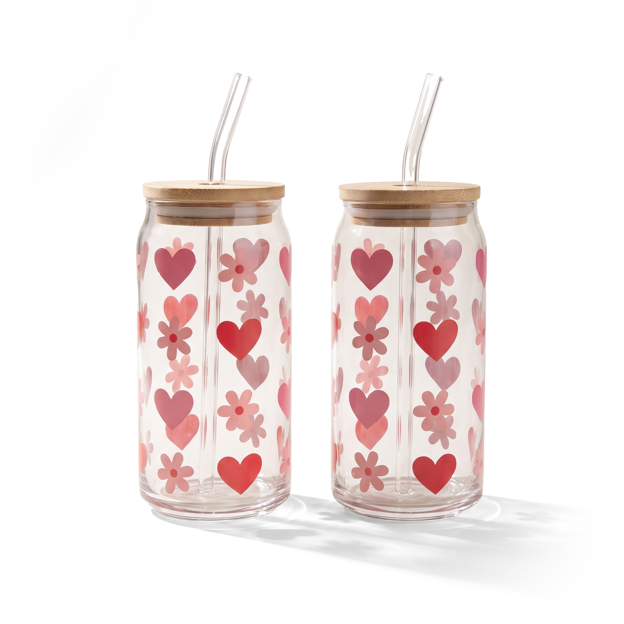 JS Gourmet Gobelets à siroter en verre avec décalcomanies cœurs et marguerites avec paille en verre et couvercle en bambou - Lot de 2 - Simple Boutique