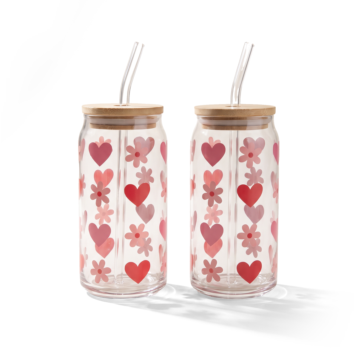 JS Gourmet Gobelets à siroter en verre avec décalcomanies cœurs et marguerites avec paille en verre et couvercle en bambou - Lot de 2 - Simple Boutique