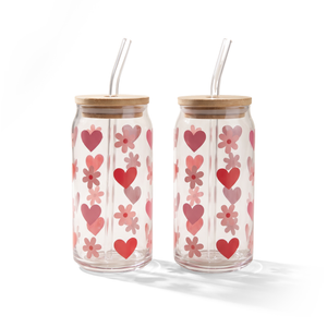 JS Gourmet Gobelets à siroter en verre avec décalcomanies cœurs et marguerites avec paille en verre et couvercle en bambou - Lot de 2 - Simple Boutique