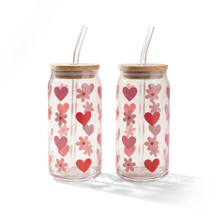 JS Gourmet Gobelets à siroter en verre avec décalcomanies cœurs et marguerites avec paille en verre et couvercle en bambou - Lot de 2 - Simple Boutique