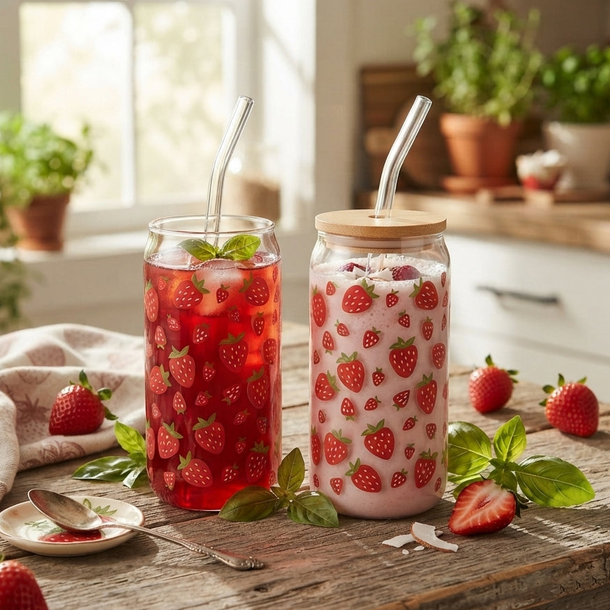 JS Gourmet Gobelets en Verre Sipper à Décalque Fraise avec Paille en Verre et Couvercle en Bambou - Lot de 2 - Simple Boutique