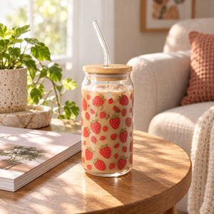 JS Gourmet Gobelets en Verre Sipper à Décalque Fraise avec Paille en Verre et Couvercle en Bambou - Lot de 2 - Simple Boutique