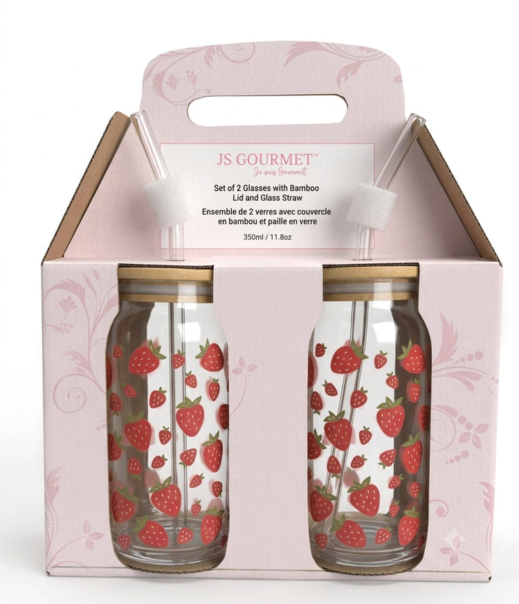 JS Gourmet Gobelets en Verre Sipper à Décalque Fraise avec Paille en Verre et Couvercle en Bambou - Lot de 2 - emballage - Simple Boutique