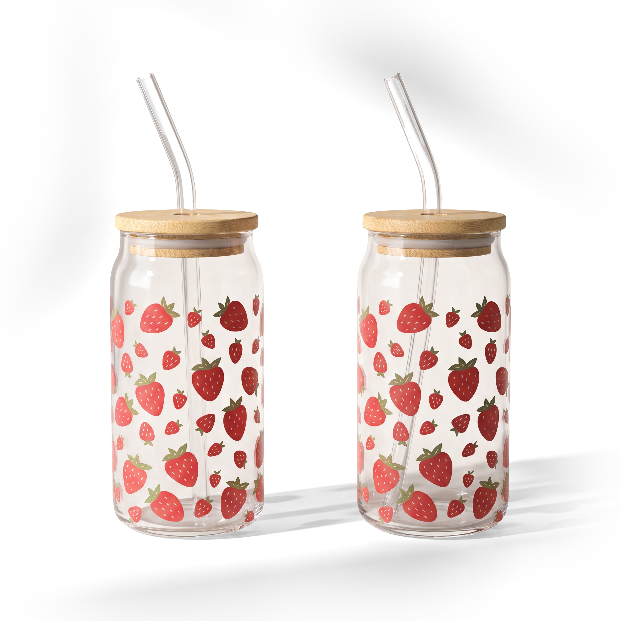 JS Gourmet Gobelets en Verre Sipper à Décalque Fraise avec Paille en Verre et Couvercle en Bambou - Lot de 2 - Simple Boutique
