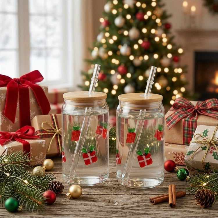 JS Gourmet Gobelets en verre 3D Icon avec couvercle en bambou et paille en verre, 500 ml, cadeau de Noël - Lot de 4 - Simple Boutique