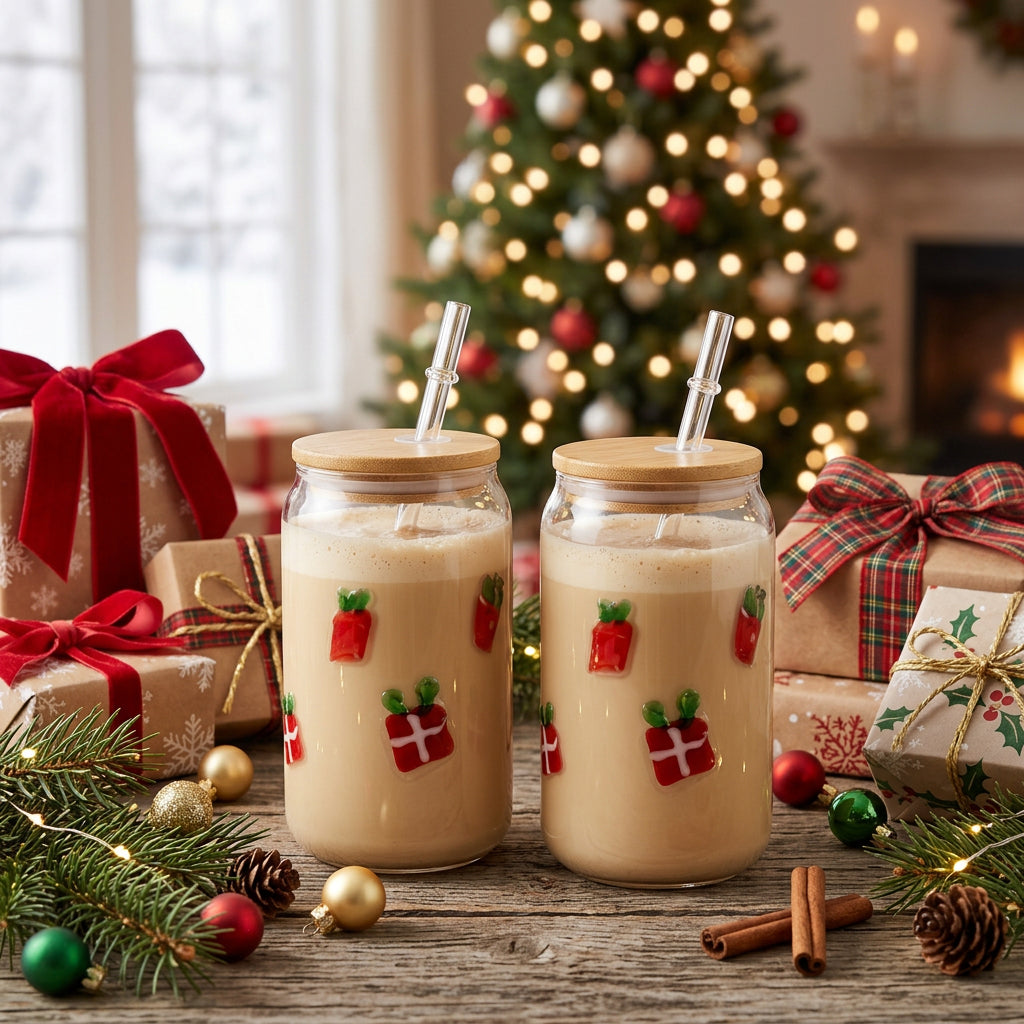JS Gourmet Gobelets en verre 3D Icon avec couvercle en bambou et paille en verre, 500 ml, cadeau de Noël - Lot de 4 - Simple Boutique