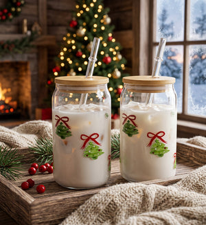 JS Gourmet Gobelets en verre 3D Icon avec couvercle en bambou et paille en verre, lot de 2 (500 ml, sapin de Noël) - Simple Boutique