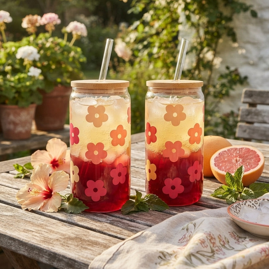 JS Gourmet Gobelets en verre « Floral Daisy Decal » avec paille en verre et couvercle en bambou - Lot de 2 - Simple Boutique