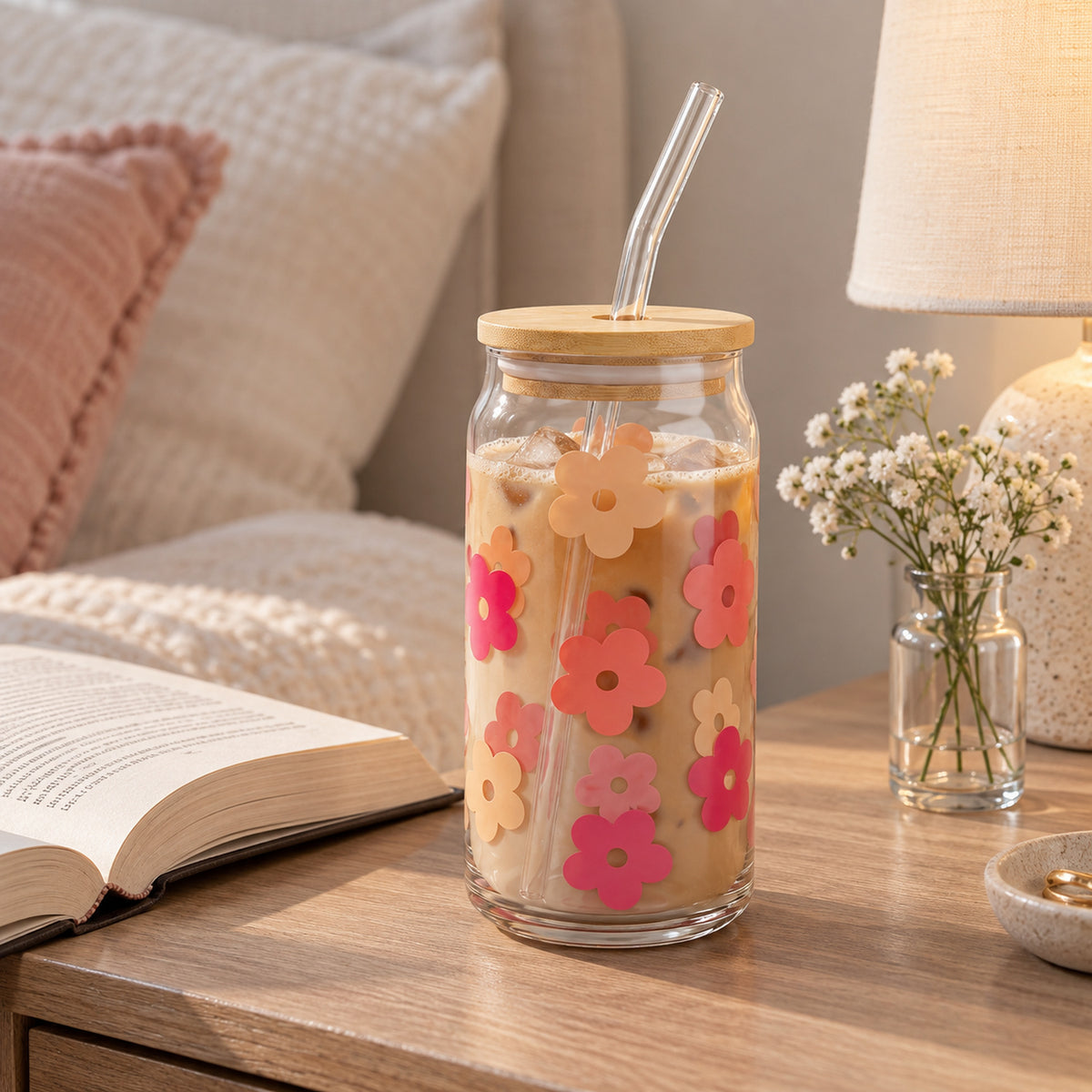 JS Gourmet Gobelets en verre « Floral Daisy Decal » avec paille en verre et couvercle en bambou - Lot de 2 - Simple Boutique