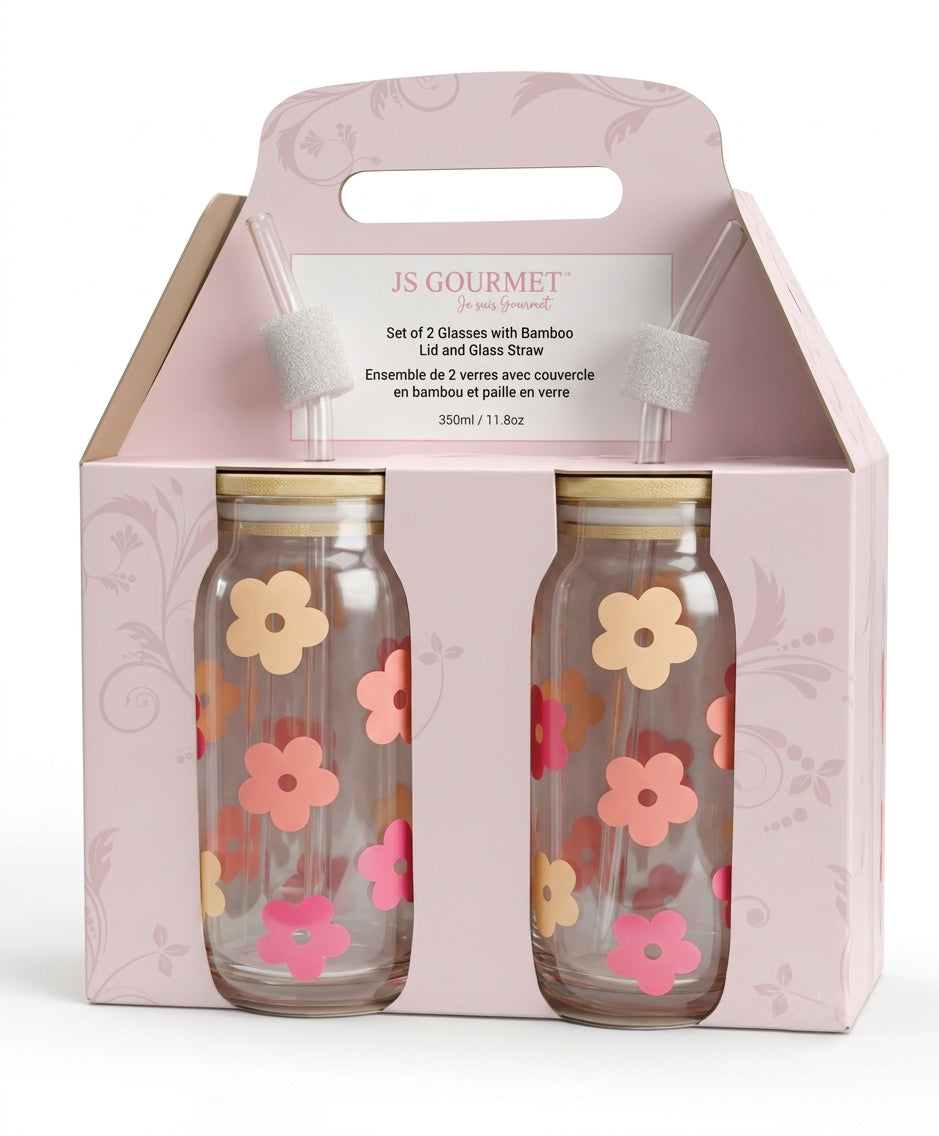 JS Gourmet Gobelets en verre « Floral Daisy Decal » avec paille en verre et couvercle en bambou - Lot de 2 - emballage - Simple Boutique