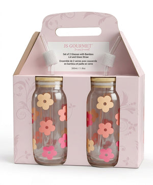 JS Gourmet Gobelets en verre « Floral Daisy Decal » avec paille en verre et couvercle en bambou - Lot de 2 - emballage - Simple Boutique