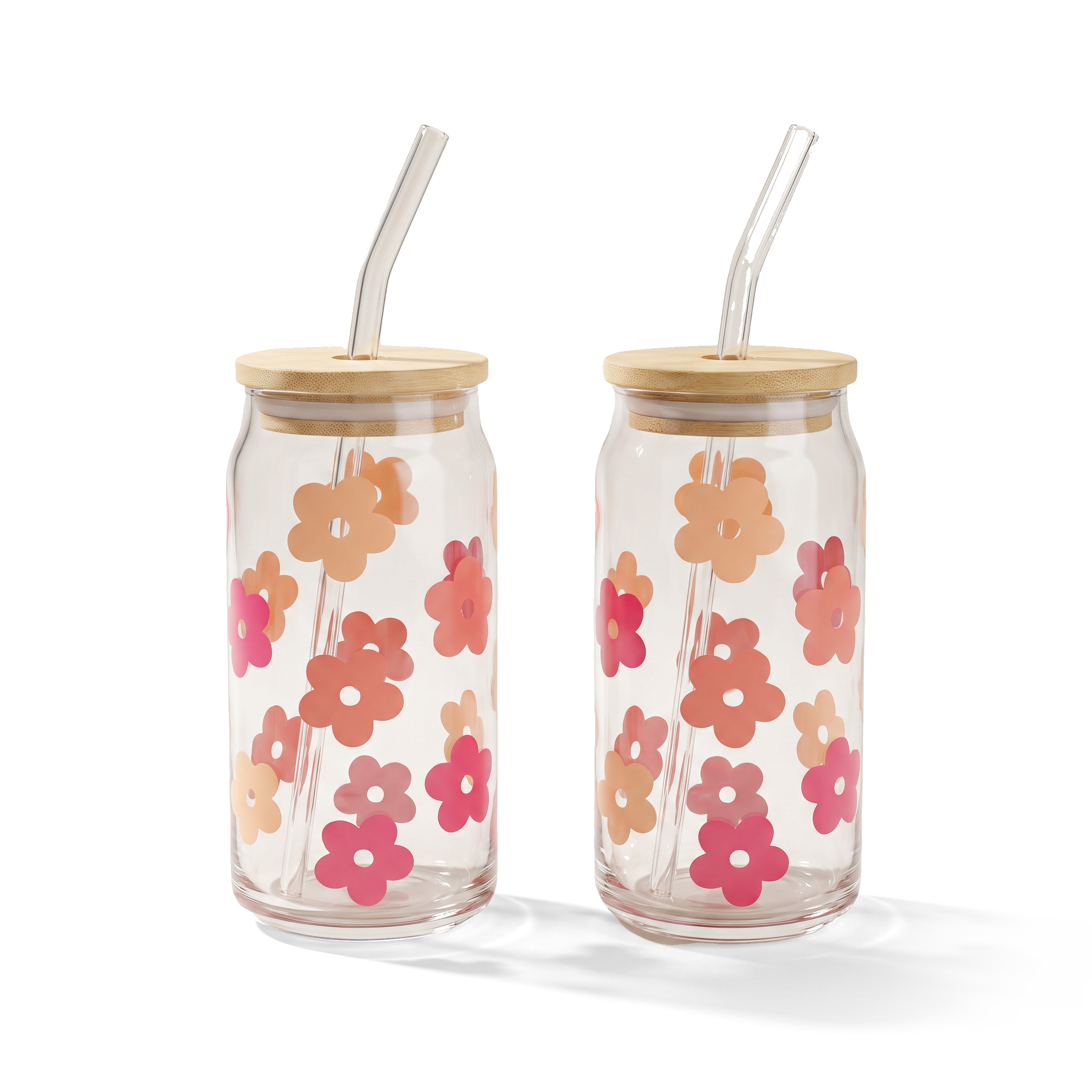 JS Gourmet Gobelets en verre « Floral Daisy Decal » avec paille en verre et couvercle en bambou - Lot de 2 - Simple Boutique