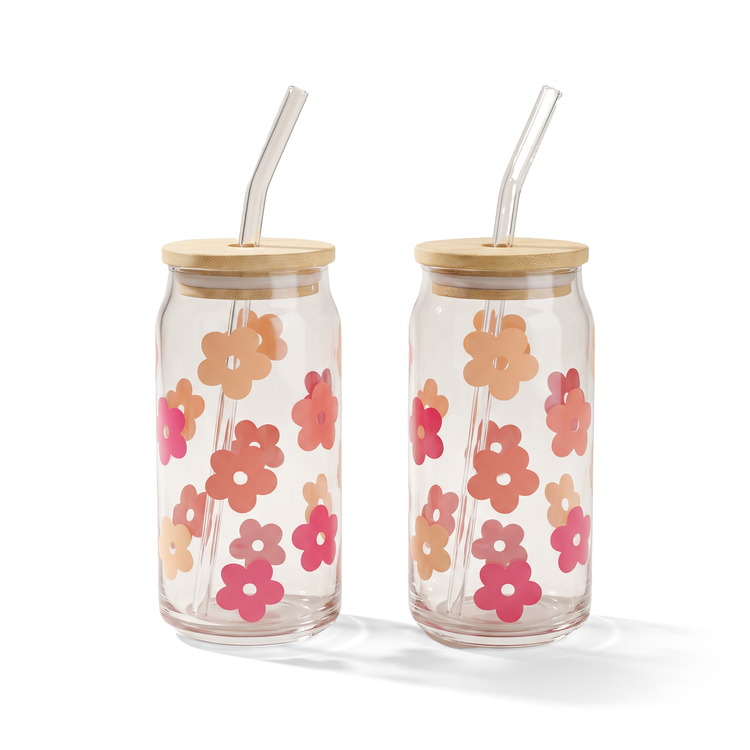 JS Gourmet Gobelets en verre « Floral Daisy Decal » avec paille en verre et couvercle en bambou - Lot de 2 - Simple Boutique