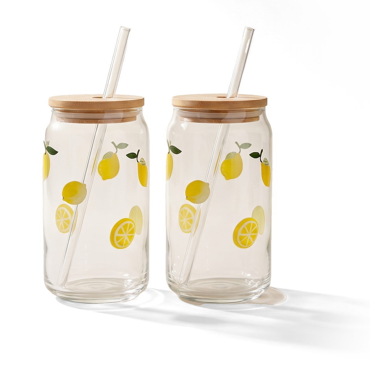 JS Gourmet Gobelets en verre Icon 3D avec couvercle en bambou et paille en verre, citron - Lot de 2 - Simple Boutique