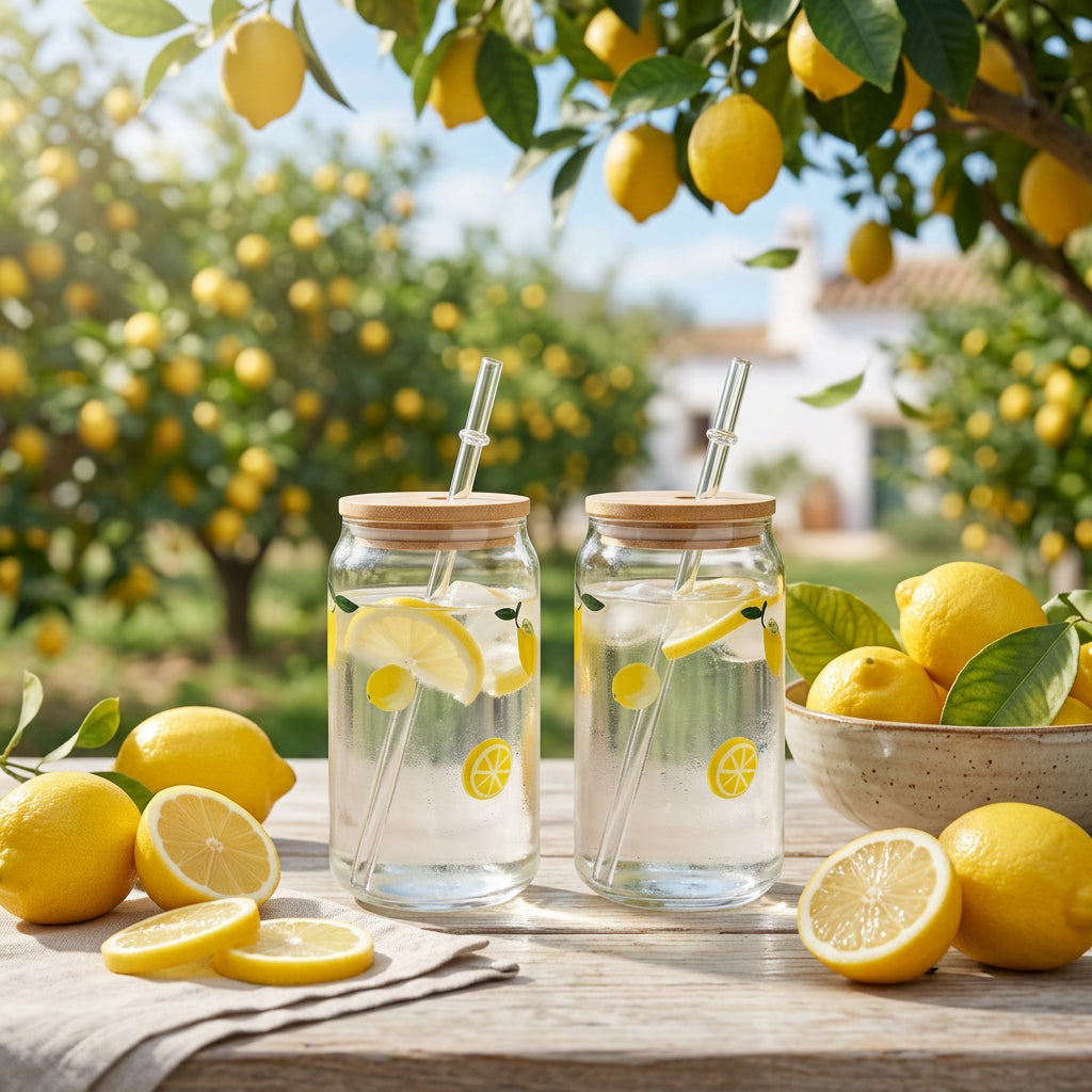 JS Gourmet Gobelets en verre Icon 3D avec couvercle en bambou et paille en verre, citron (ensemble de 2) - Simple Boutique