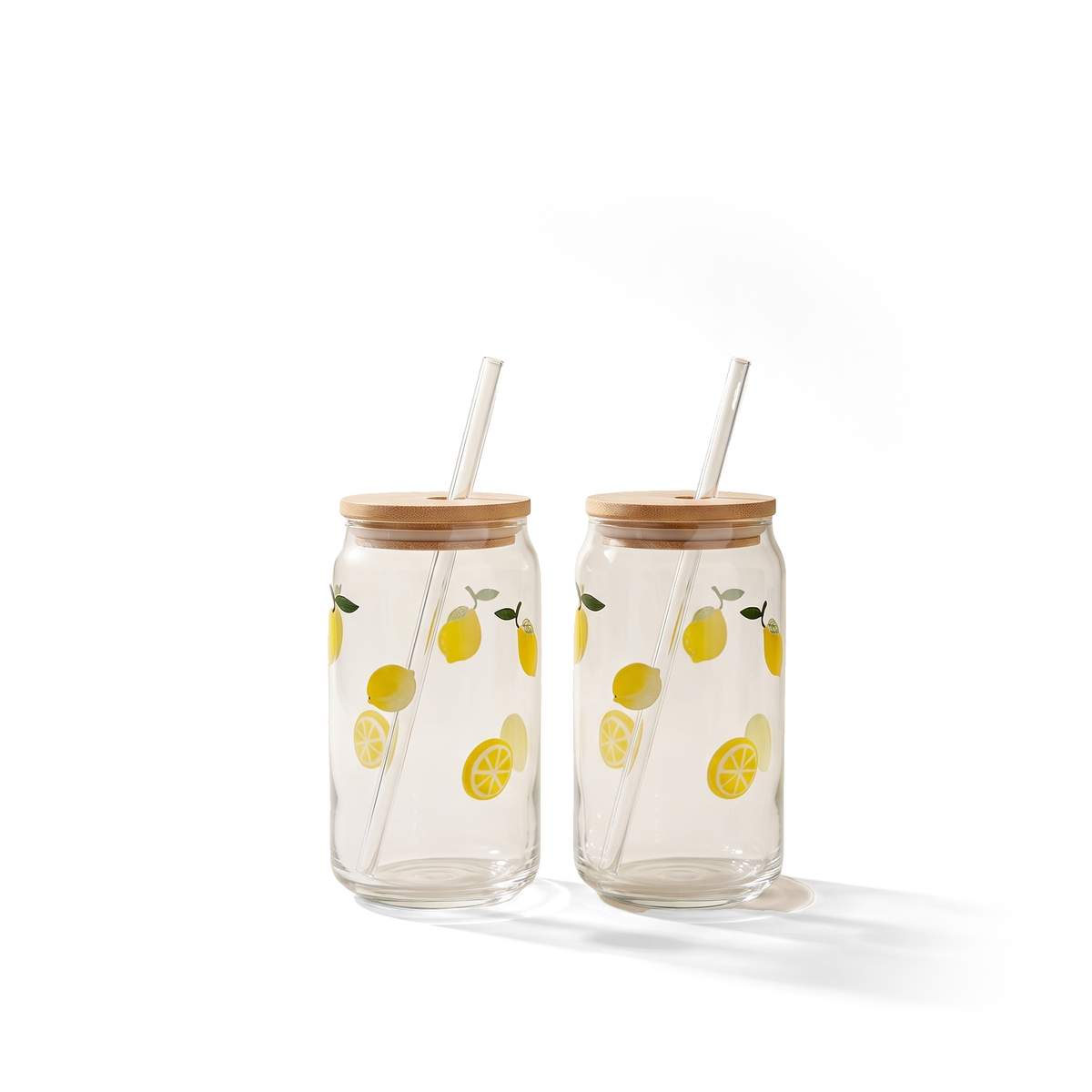 JS Gourmet Gobelets en verre Icon 3D avec couvercle en bambou et paille en verre, citron (ensemble de 2) - Simple Boutique