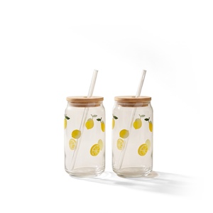 JS Gourmet Gobelets en verre Icon 3D avec couvercle en bambou et paille en verre, citron (ensemble de 2) - Simple Boutique