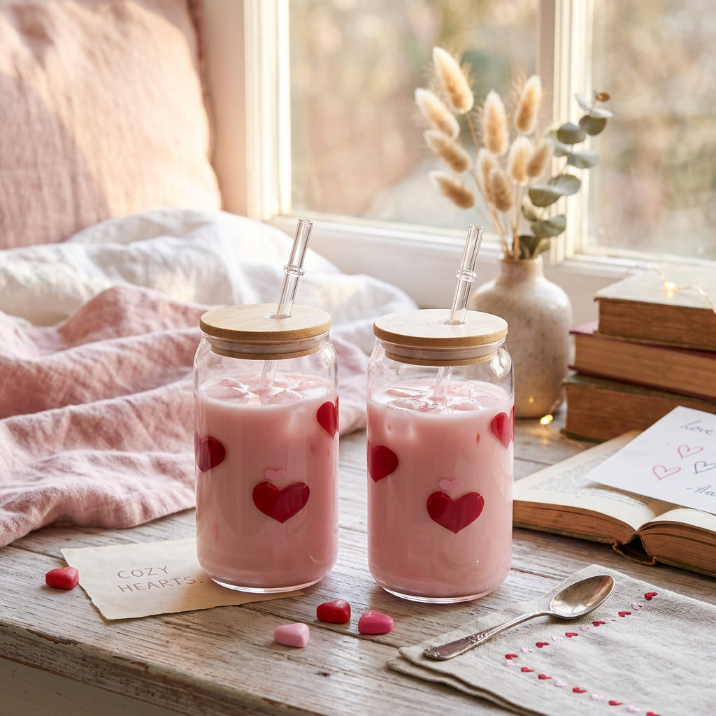 JS Gourmet Gobelets en verre Icon 3D avec couvercle en bambou et paille en verre, cœur rouge (ensemble de 2) - Simple Boutique